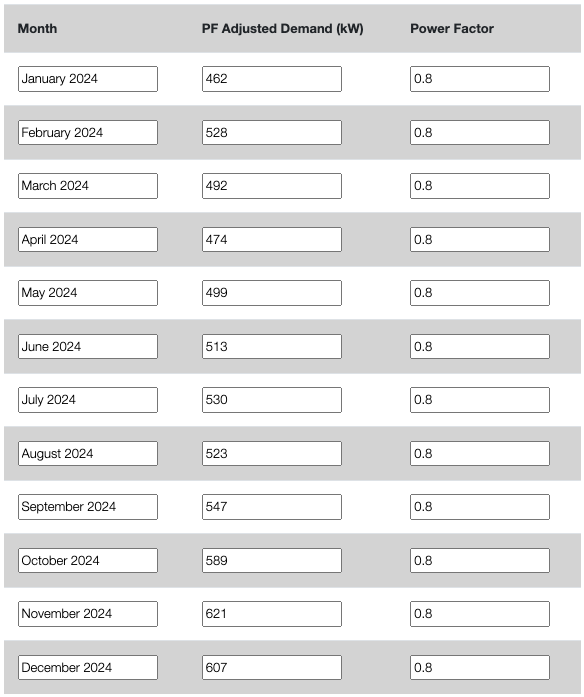 MEASUR Power Factor Calculator - Monthly Data Entry